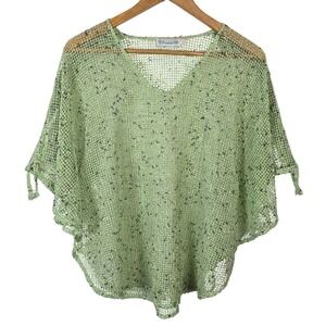Lulu-B Lime Green Open Knit Mesh Coverup Poncho Top V-Neck Short Sleeve Large